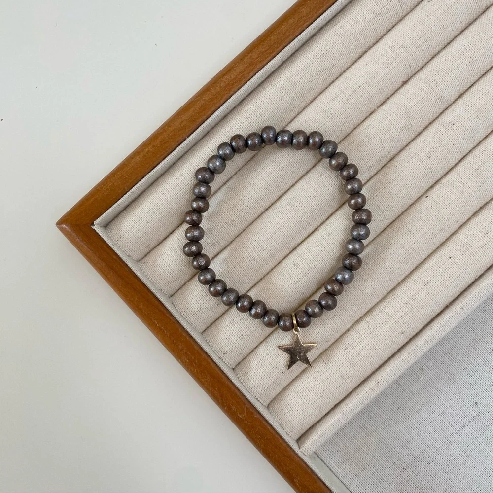 4/$15 Metallic Bronze Wood Beads Stretchy Beaded Bracelet